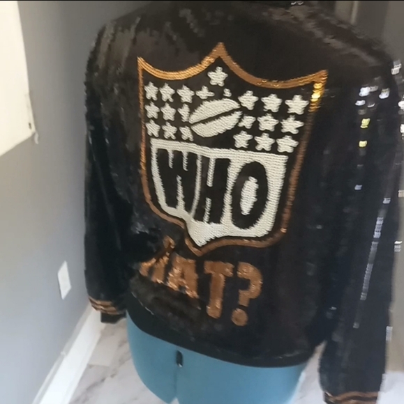 Sequins Fleur-de-lis/WHO DAT" Bomber Jacket, Black and Gold - Picture 2 of 2